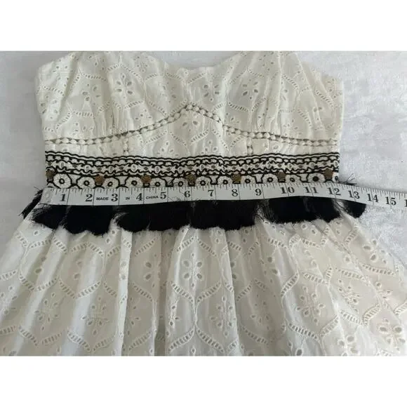 Hemant & Nandita Sleeveless White Eyelet‎ Black Tassel Midi Dress Size XS